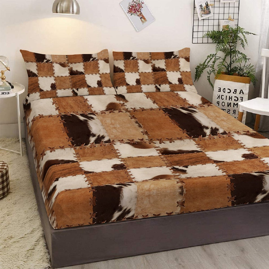 Ensemble 3 pièces Draps - Housses en Simili Cuir Imprimé Marron : 1 Drap - Housse, 2 Taies d'Oreiller - IVOIRART.COM