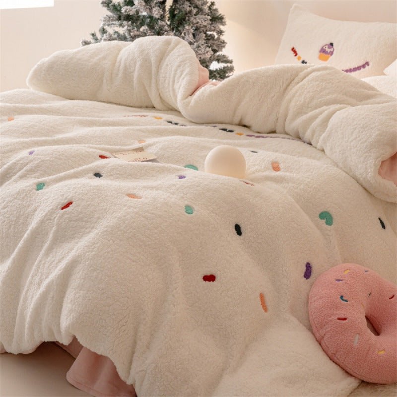 Ensemble 4 pièces couvre-lit alpaga épaissi fibres de lait broderie, tissu lourd - IVOIRART.COM