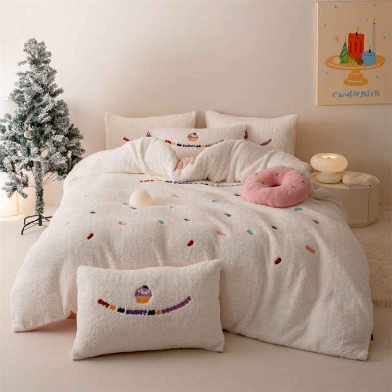 Ensemble 4 pièces couvre-lit alpaga épaissi fibres de lait broderie, tissu lourd - IVOIRART.COM