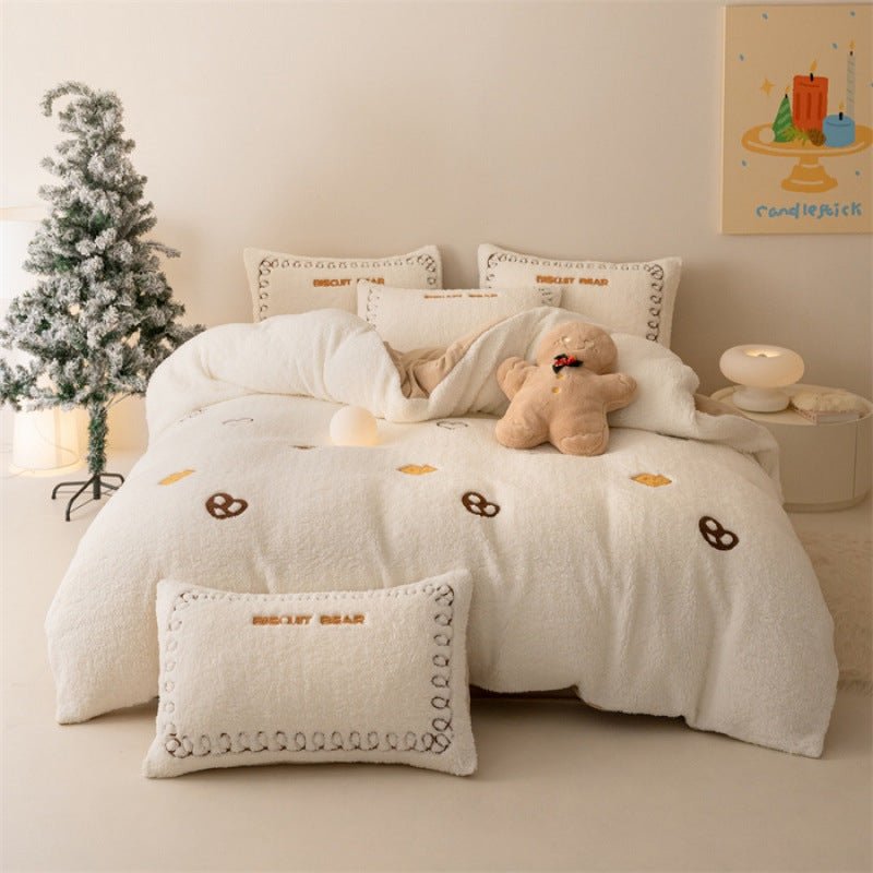 Ensemble 4 pièces couvre-lit alpaga épaissi fibres de lait broderie, tissu lourd - IVOIRART.COM