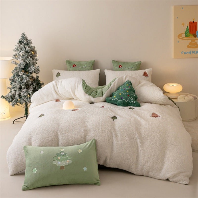 Ensemble 4 pièces couvre-lit alpaga épaissi fibres de lait broderie, tissu lourd - IVOIRART.COM
