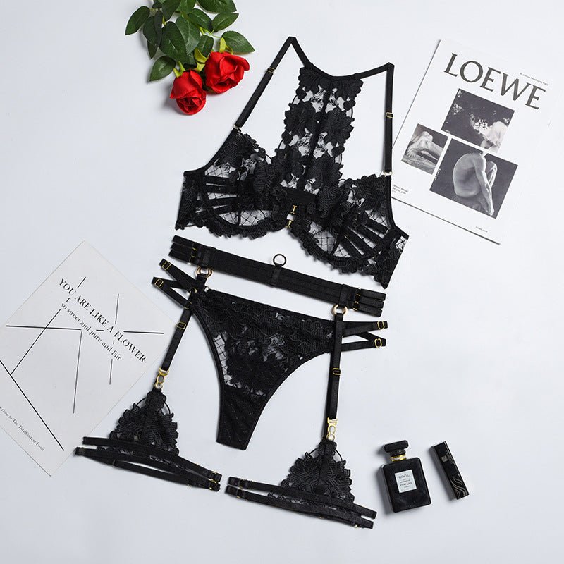Ensemble 4 pièces femme brodé à bretelles croisées avec anneau en acier, noir S/M - IVOIRART.COM