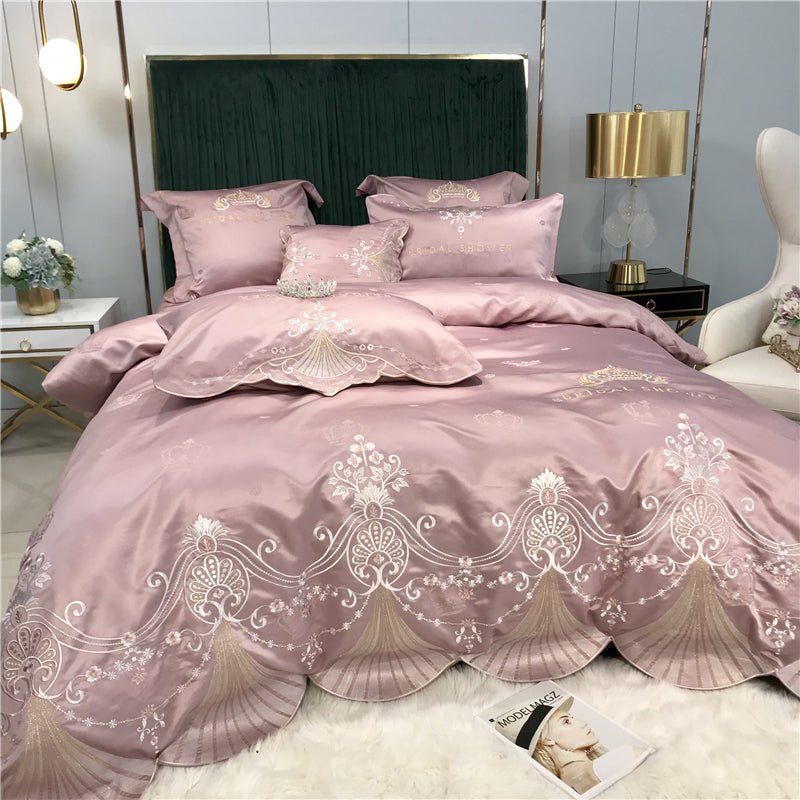 Ensemble 4 pièces satin soie glacée brodé luxe léger — housse de couette - doux. - IVOIRART.COM
