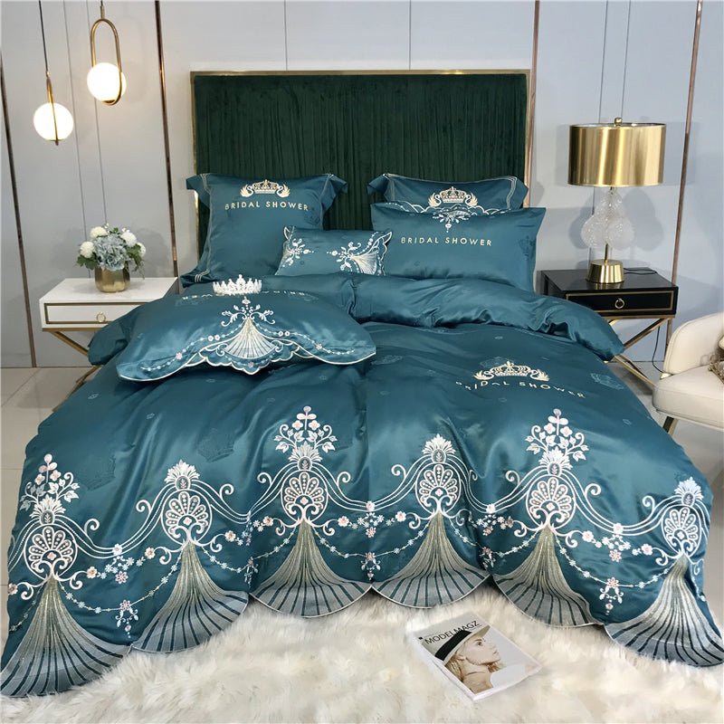 Ensemble 4 pièces satin soie glacée brodé luxe léger — housse de couette - doux. - IVOIRART.COM