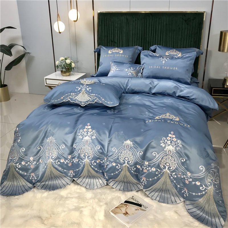 Ensemble 4 pièces satin soie glacée brodé luxe léger — housse de couette - doux. - IVOIRART.COM