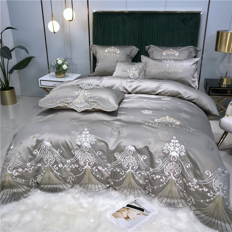 Ensemble 4 pièces satin soie glacée brodé luxe léger — housse de couette - doux. - IVOIRART.COM