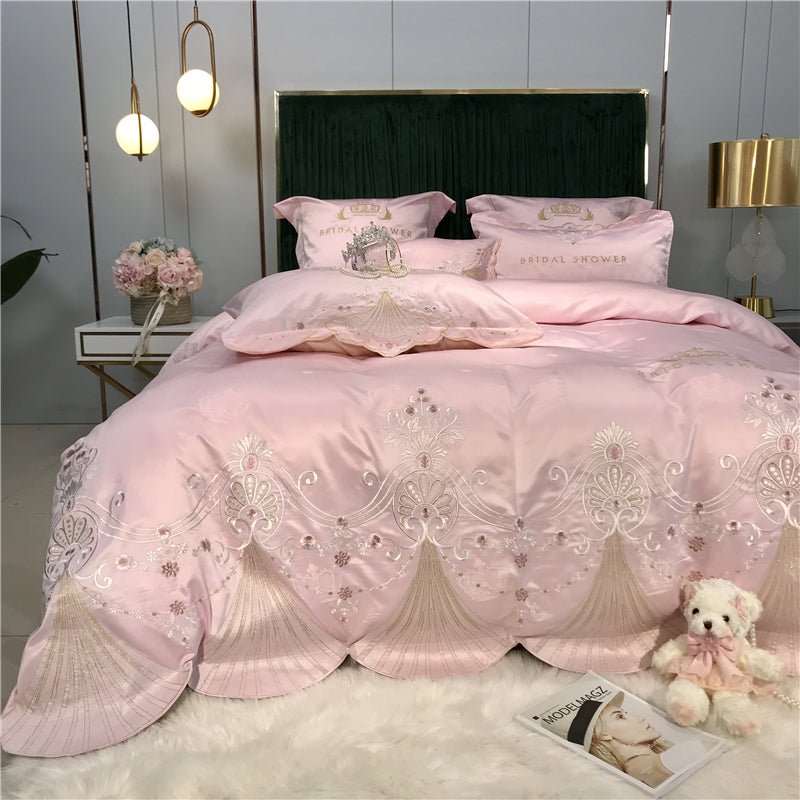 Ensemble 4 pièces satin soie glacée brodé luxe léger — housse de couette - doux. - IVOIRART.COM