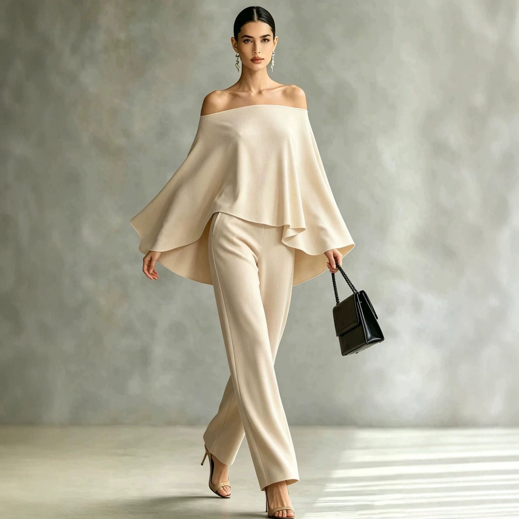 Ensemble automne femme épaules dénudées pantalon large asymétrique deux pièces!! - IVOIRART.COM
