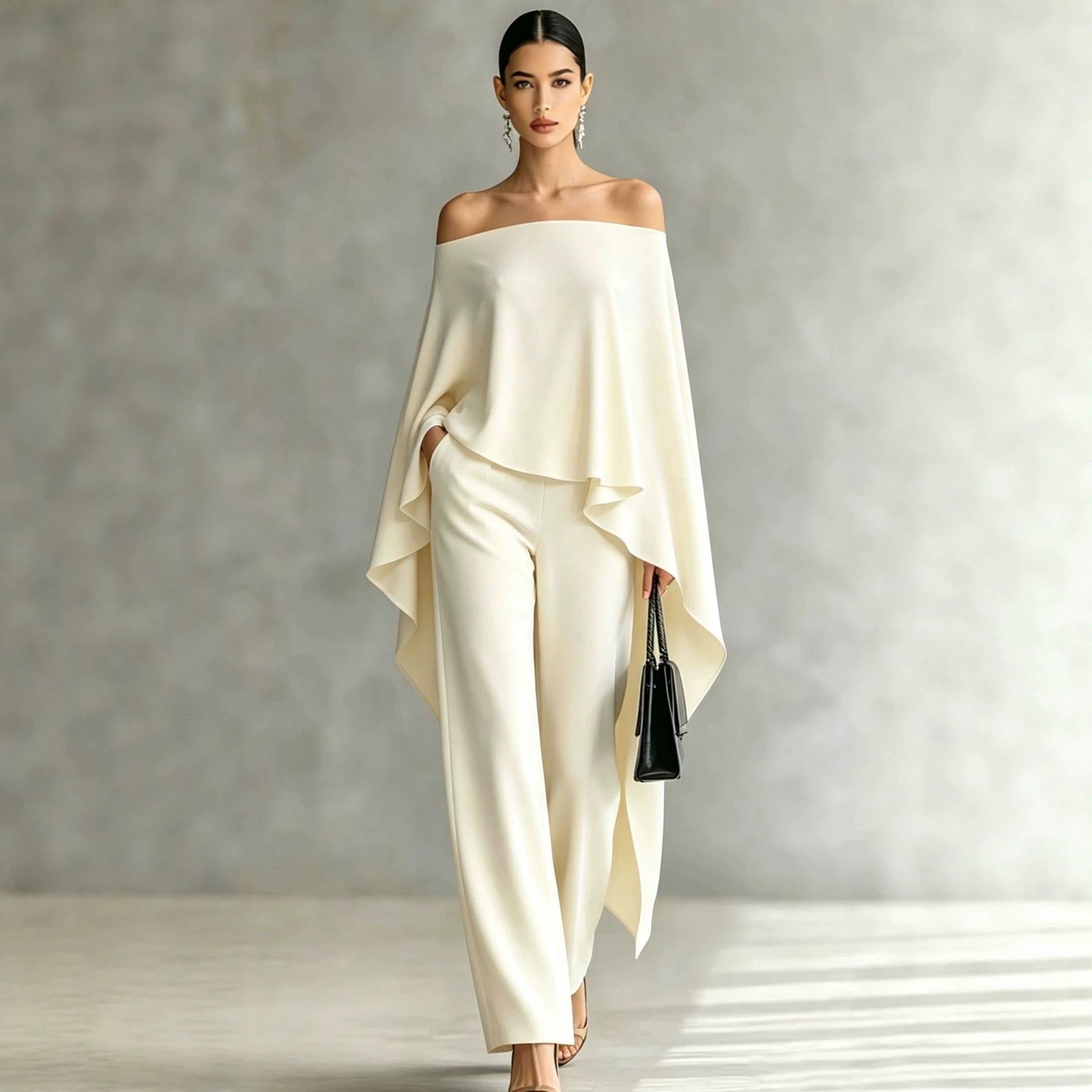 Ensemble automne femme épaules dénudées pantalon large asymétrique deux pièces!! - IVOIRART.COM