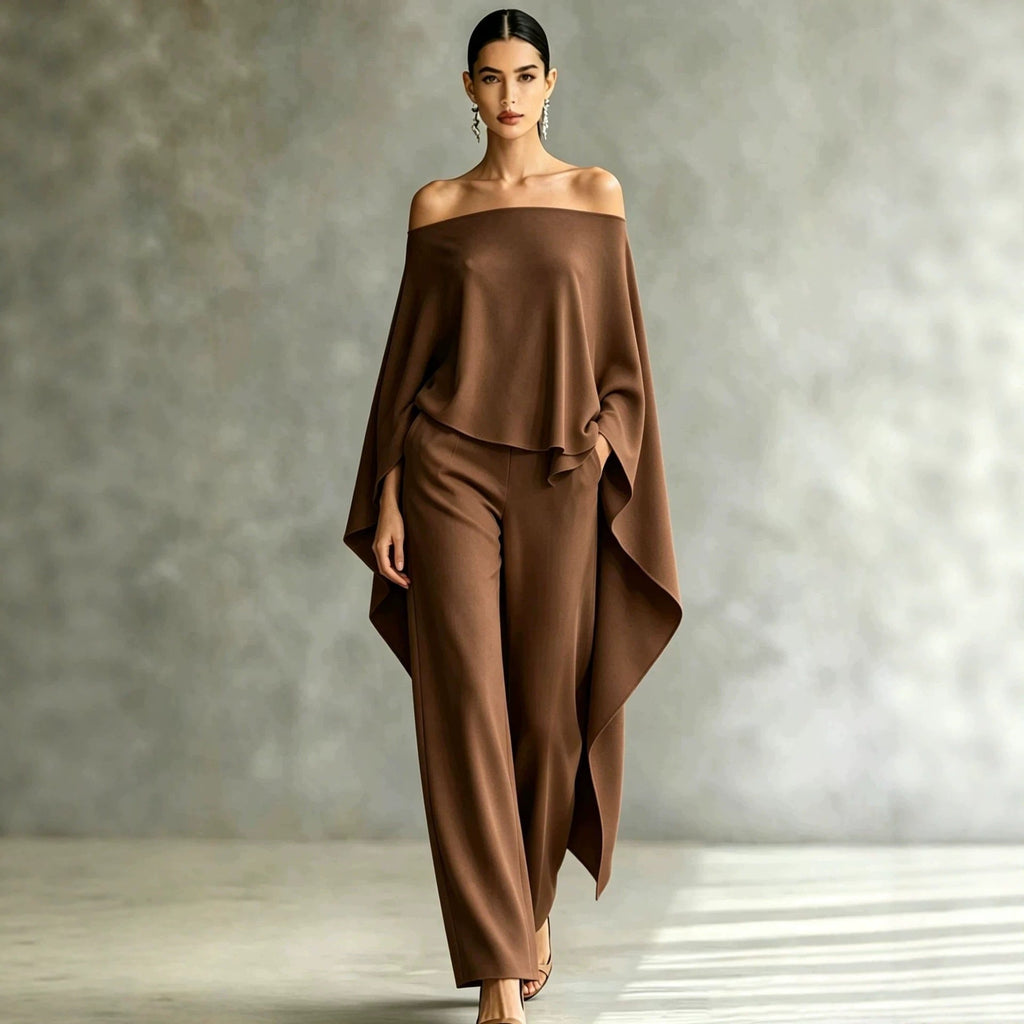 Ensemble automne femme épaules dénudées pantalon large asymétrique deux pièces!! - IVOIRART.COM