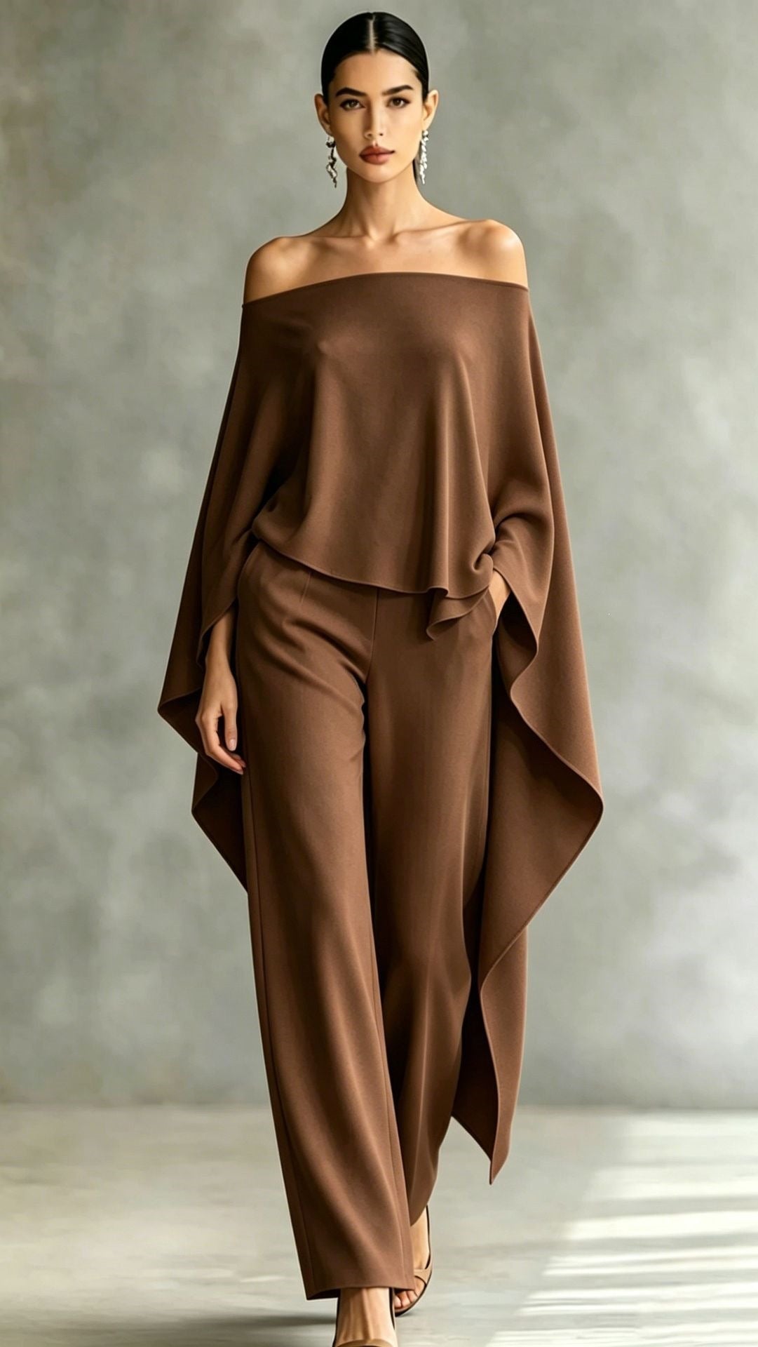 Ensemble automne femme épaules dénudées pantalon large asymétrique deux pièces!! - IVOIRART.COM