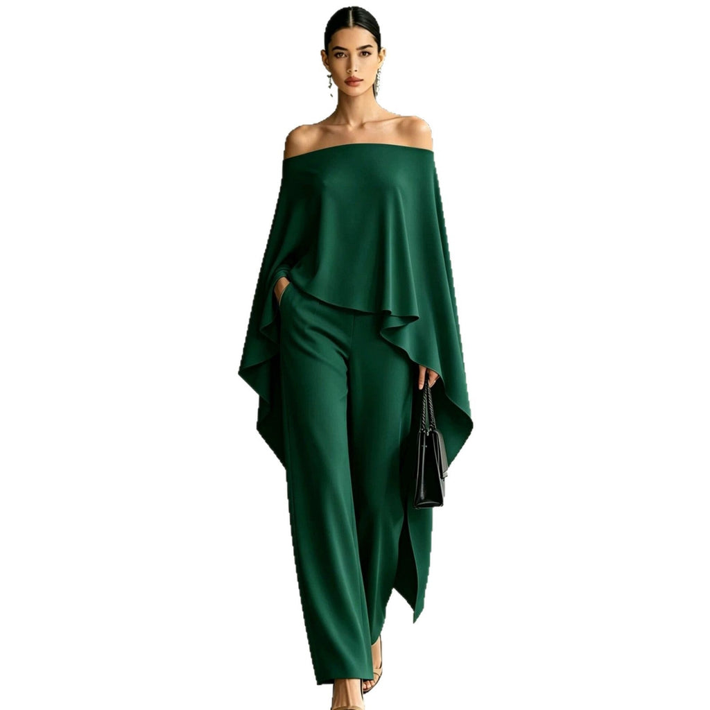 Ensemble automne femme épaules dénudées pantalon large asymétrique deux pièces!! - IVOIRART.COM