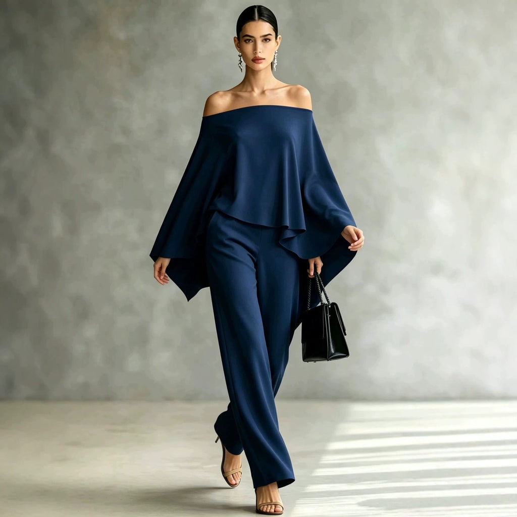 Ensemble automne femme épaules dénudées pantalon large asymétrique deux pièces!! - IVOIRART.COM