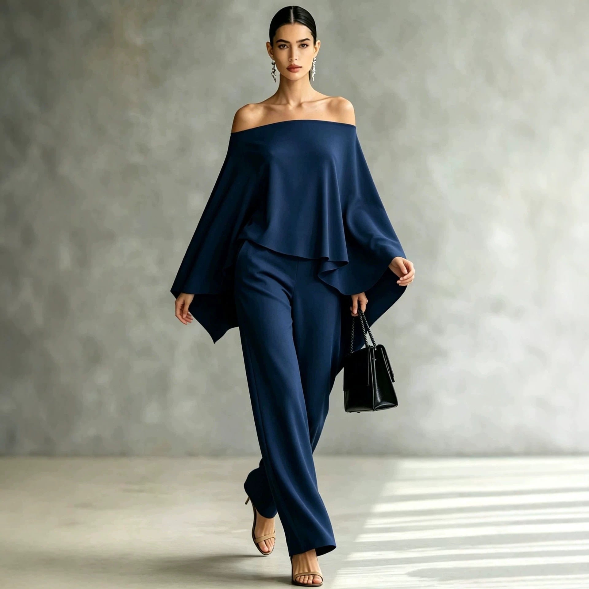 Ensemble automne femme épaules dénudées pantalon large asymétrique deux pièces!! - IVOIRART.COM