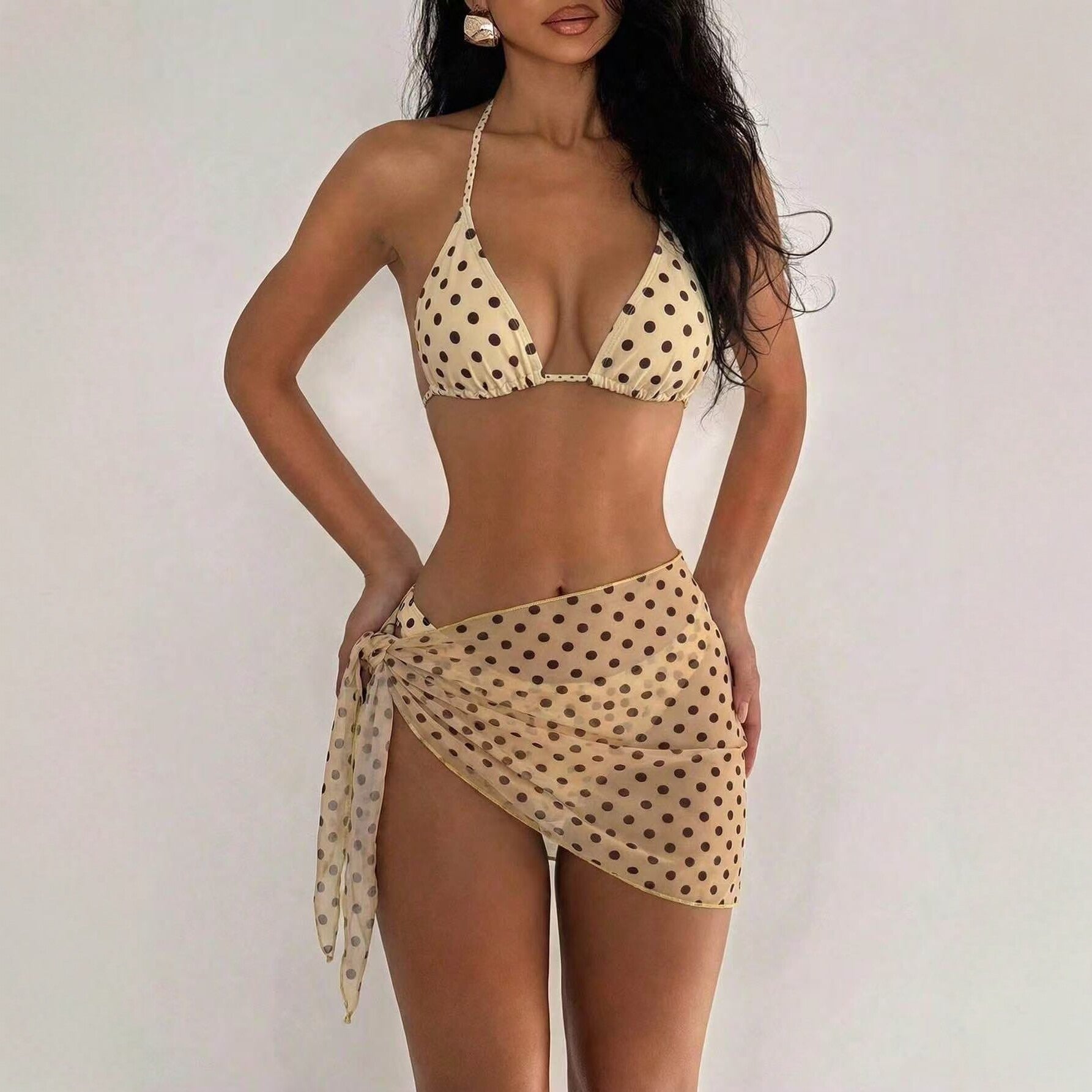 Ensemble bikini triangle à pois 3 pièces style vintage, haut halter, tailles S-XL - IVOIRART.COM
