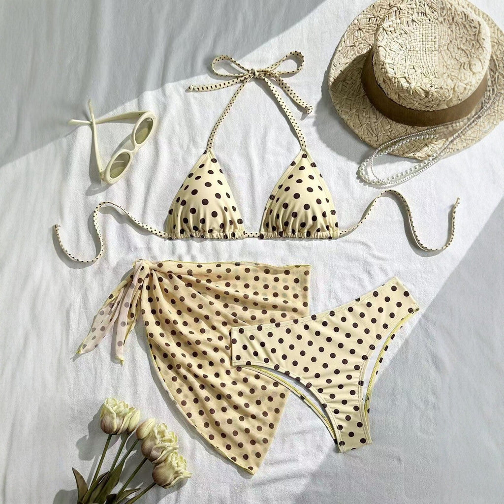 Ensemble bikini triangle à pois 3 pièces style vintage, haut halter, tailles S-XL - IVOIRART.COM