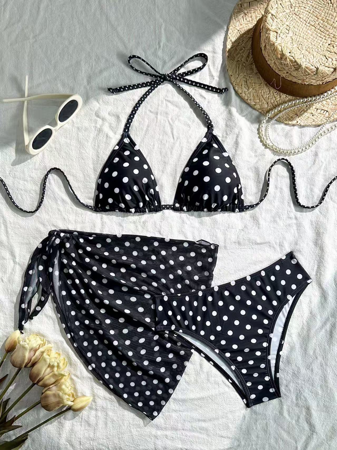 Ensemble bikini triangle à pois 3 pièces style vintage, haut halter, tailles S-XL - IVOIRART.COM