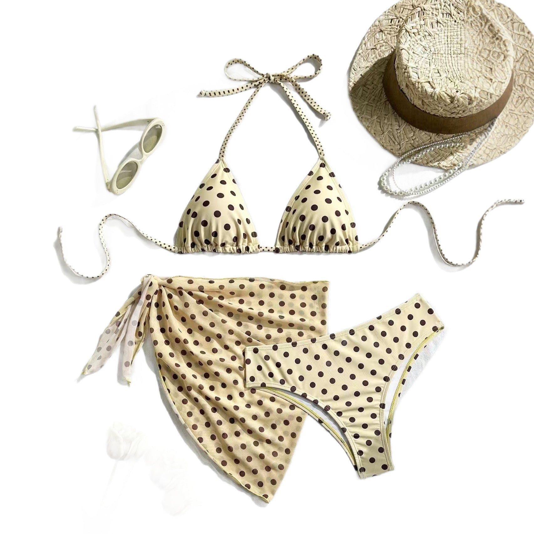 Ensemble bikini triangle à pois 3 pièces style vintage, haut halter, tailles S-XL - IVOIRART.COM