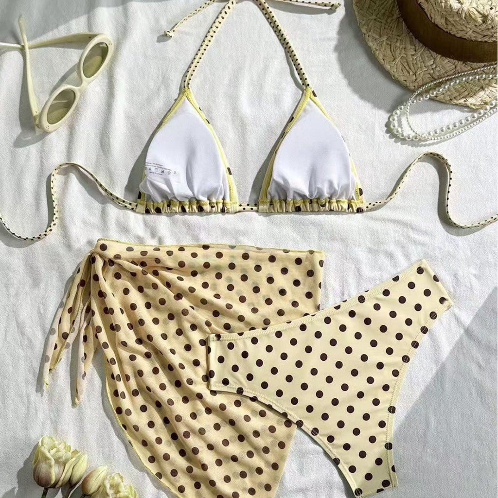 Ensemble bikini triangle à pois 3 pièces style vintage, haut halter, tailles S-XL - IVOIRART.COM