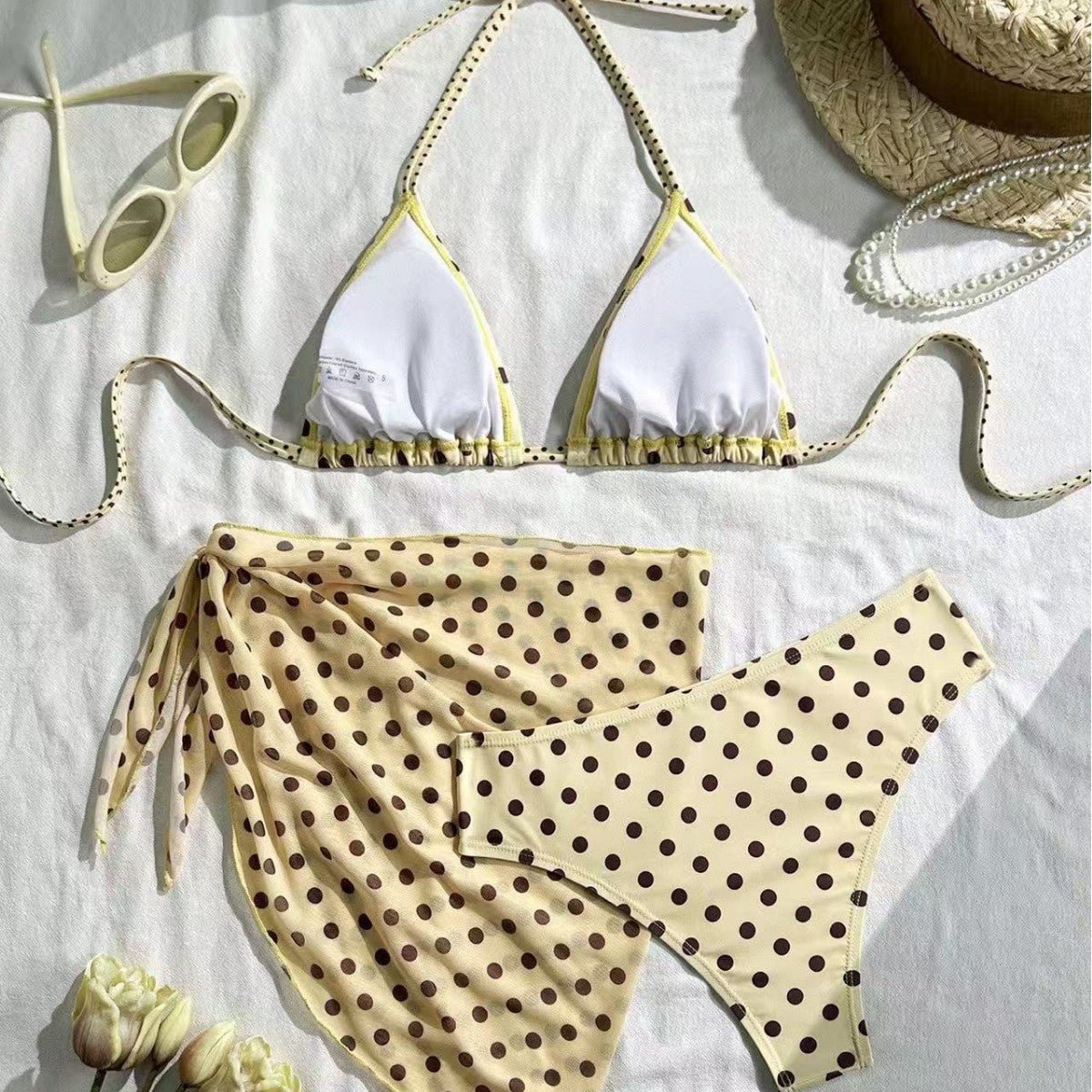 Ensemble bikini triangle à pois 3 pièces style vintage, haut halter, tailles S-XL - IVOIRART.COM