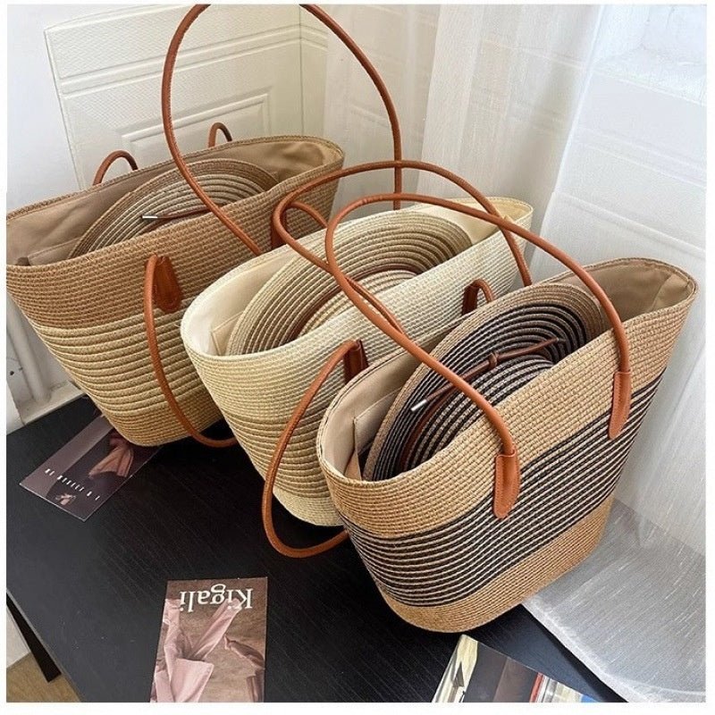 Ensemble chapeau paille et sac grand volume femme multicolore - été bohème rayés - IVOIRART.COM