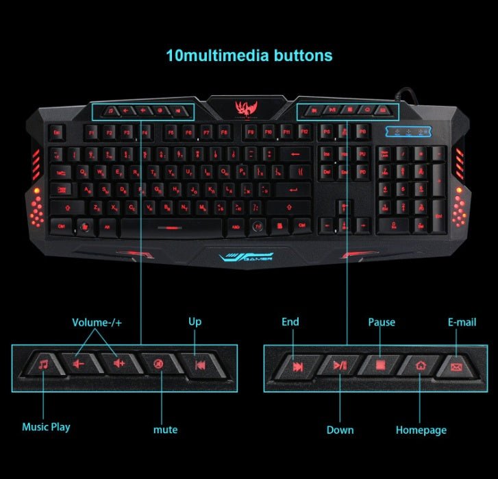 Ensemble clavier de jeu filaire J10 rétroéclairé tricolore et souris lumineuse colorée clavier russe - IVOIRART.COM