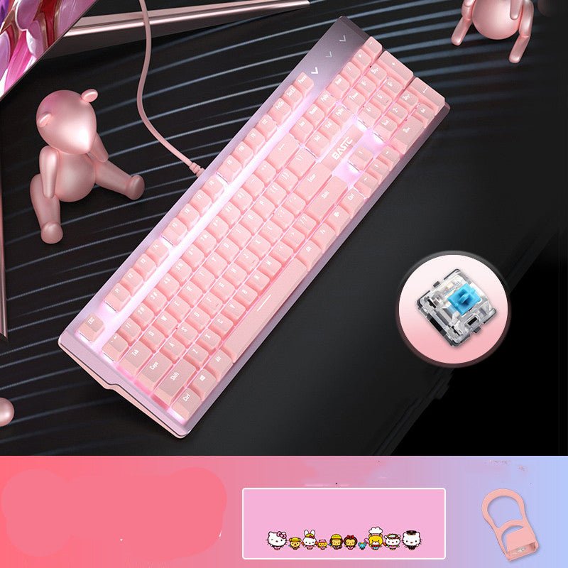 Ensemble Clavier Mécanique Réel Rose et Souris Fille Jeu Filaire Axes Vert et Rouge Cœur Lumineux - IVOIRART.COM
