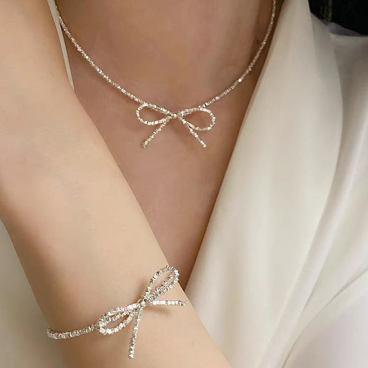 Ensemble Collier et Bracelet Nœud en Argent Sterling 999, Style Minimaliste Brillant, Idéal Quotidien et Cadeau Saint-Valentin - IVOIRART.COM