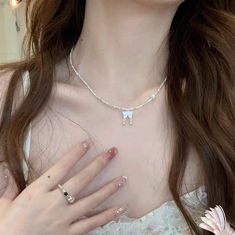 Ensemble Collier Papillon et Bracelet Perle en Argent 999, Style Délicat, Idéal Quotidien et Cadeau Saint - Valentin - IVOIRART.COM