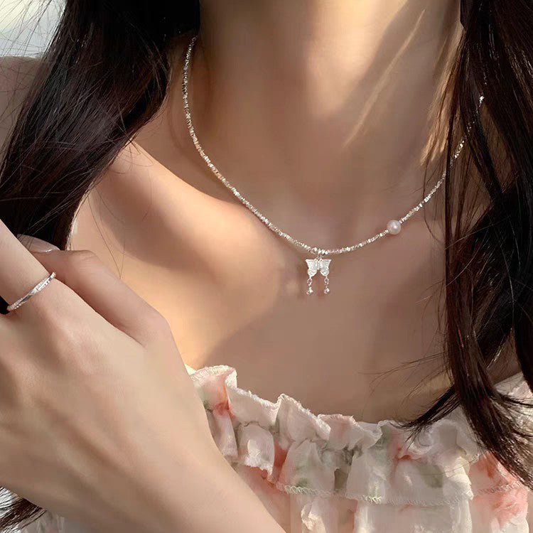Ensemble Collier Papillon et Bracelet Perle en Argent 999, Style Délicat, Idéal Quotidien et Cadeau Saint - Valentin - IVOIRART.COM