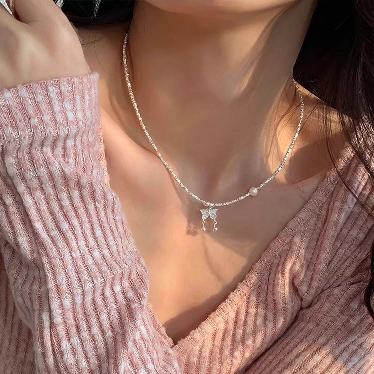 Ensemble Collier Papillon et Bracelet Perle en Argent 999, Style Délicat, Idéal Quotidien et Cadeau Saint - Valentin - IVOIRART.COM