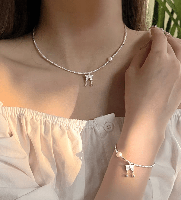 Ensemble Collier Papillon et Bracelet Perle en Argent 999, Style Délicat, Idéal Quotidien et Cadeau Saint - Valentin - IVOIRART.COM