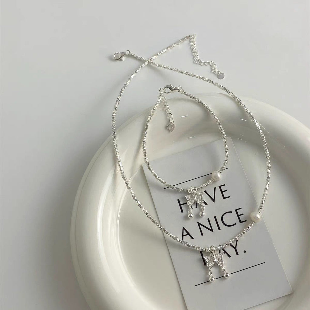 Ensemble Collier Papillon et Bracelet Perle en Argent 999, Style Délicat, Idéal Quotidien et Cadeau Saint - Valentin - IVOIRART.COM
