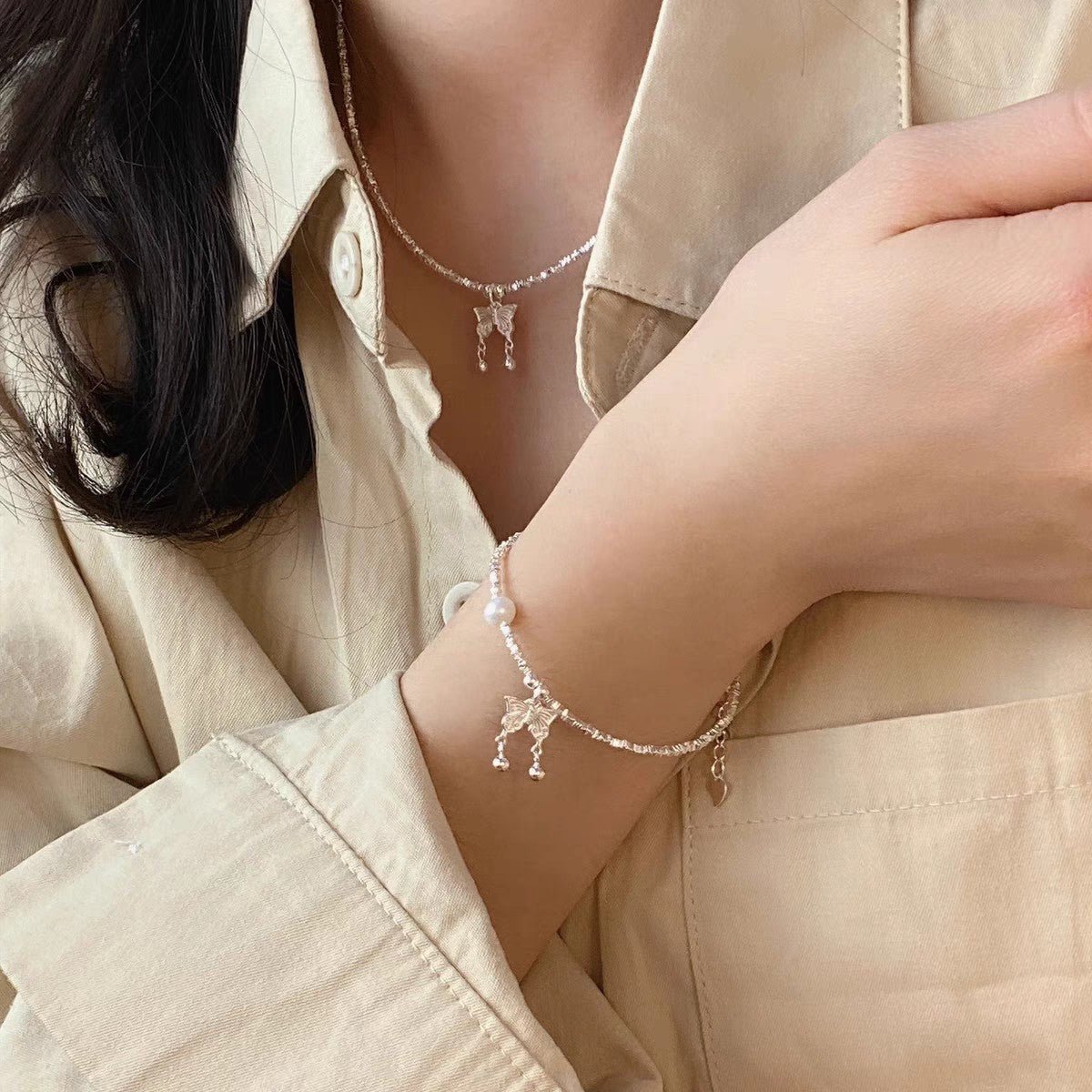 Ensemble Collier Papillon et Bracelet Perle en Argent 999, Style Délicat, Idéal Quotidien et Cadeau Saint - Valentin - IVOIRART.COM