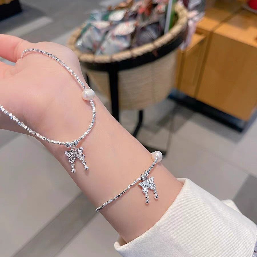 Ensemble Collier Papillon et Bracelet Perle en Argent 999, Style Délicat, Idéal Quotidien et Cadeau Saint - Valentin - IVOIRART.COM