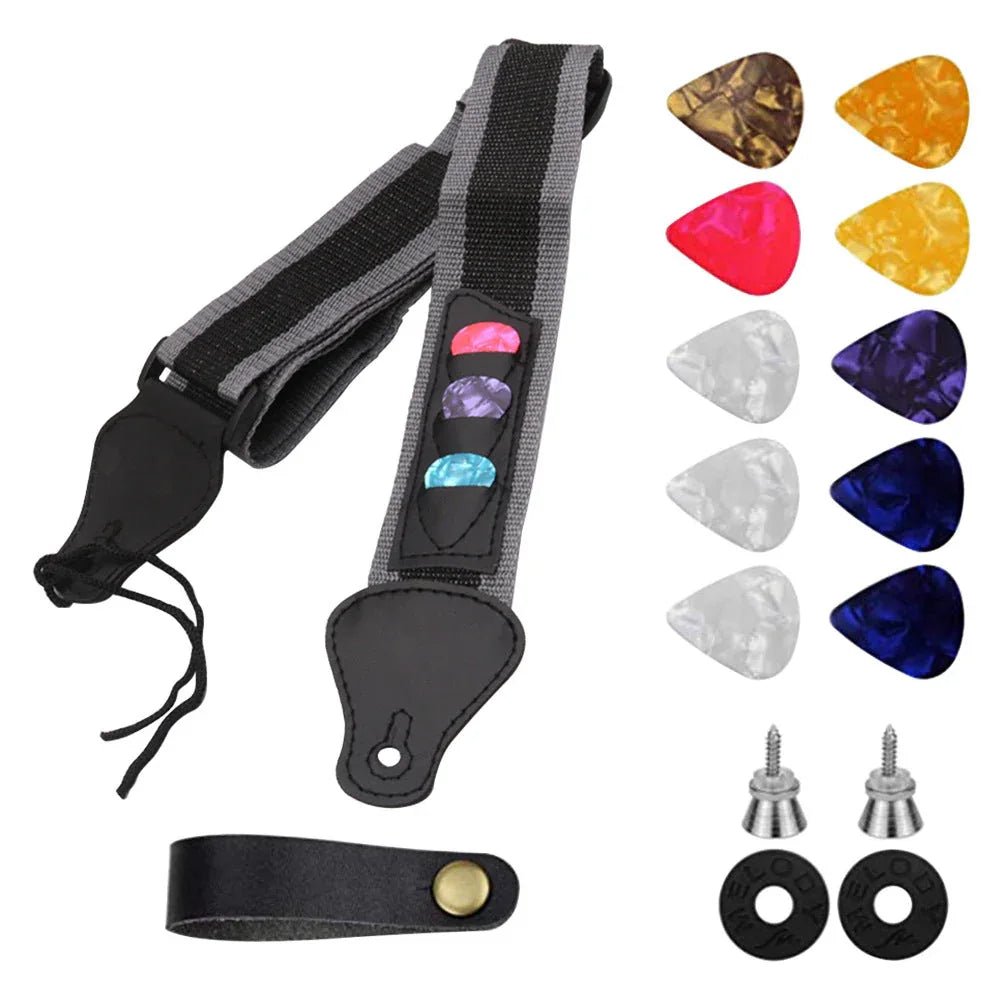 Ensemble Cordon et Sangle Pagaie pour Guitare - Nylon Extensible 86 - 130 cm - IVOIRART.COM