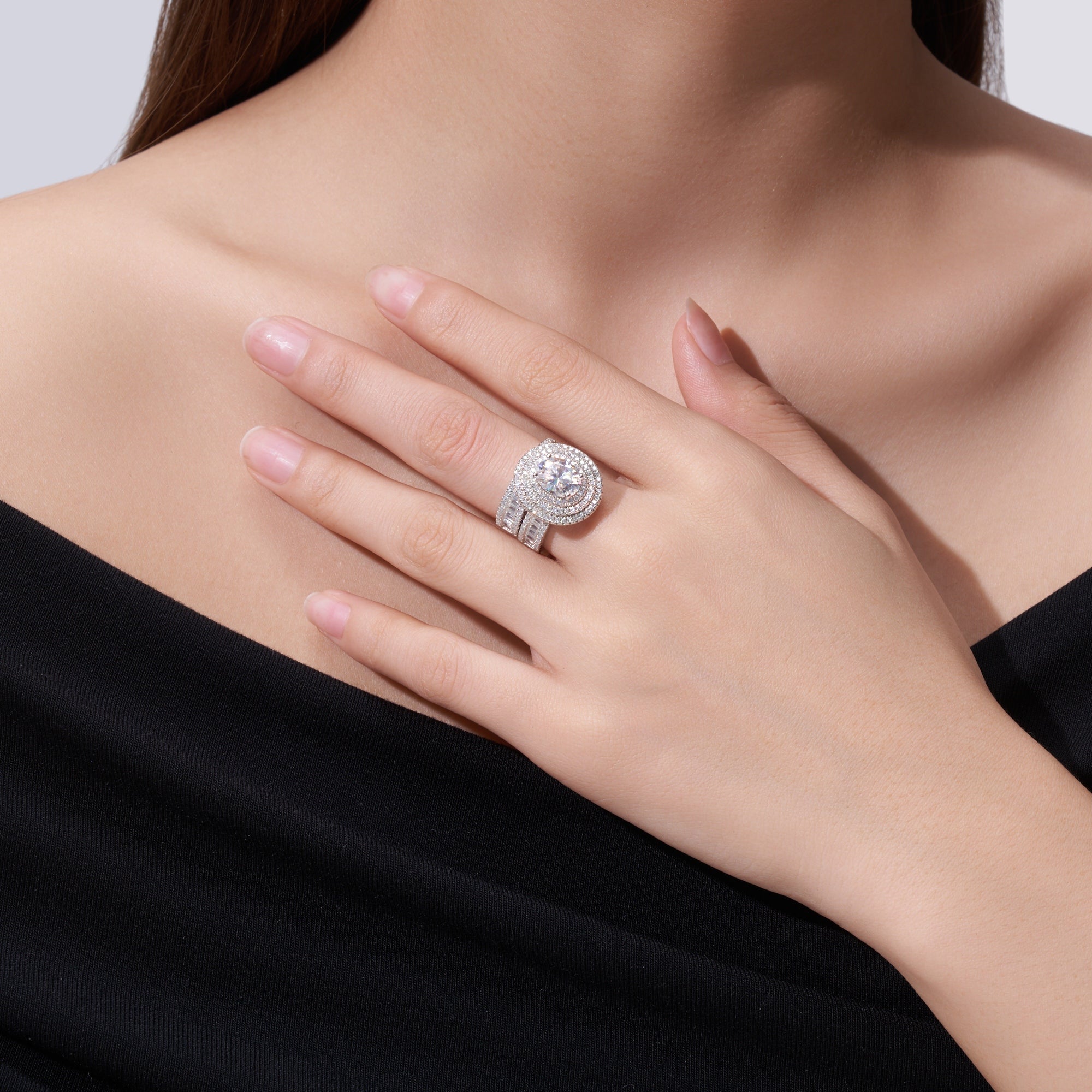 Ensemble de bagues tendance en argent S925 plaqué platine avec moissanite - IVOIRART.COM