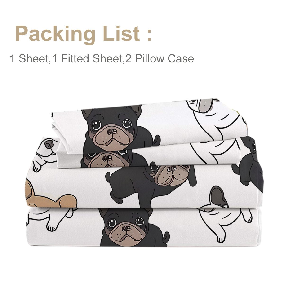 Ensemble de Draps 4 Pièces Bulldog Français, Literie Noir et Blanc, Drap Plat pour Chiot, 1 Drap Plat, 1 Drap Housse, 2 Taies d'Oreiller - IVOIRART.COM