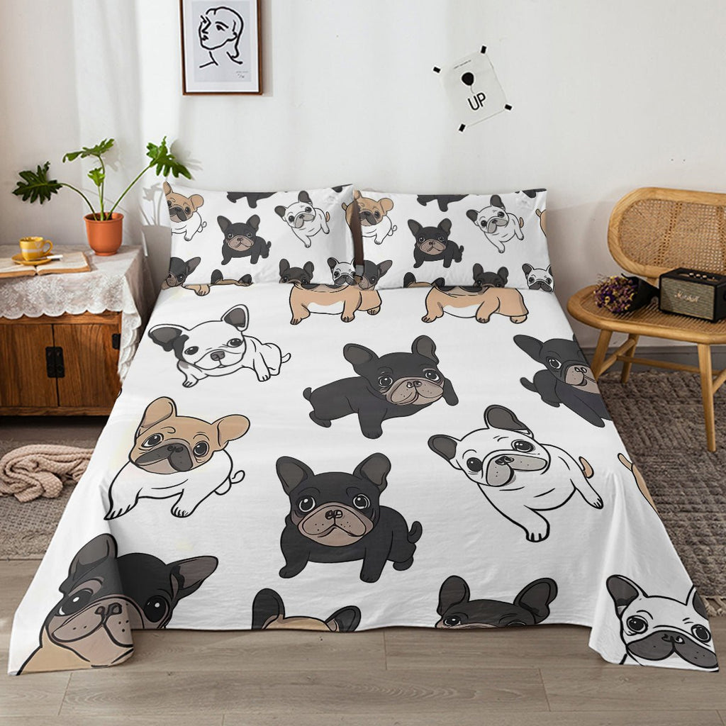 Ensemble de Draps 4 Pièces Bulldog Français, Literie Noir et Blanc, Drap Plat pour Chiot, 1 Drap Plat, 1 Drap Housse, 2 Taies d'Oreiller - IVOIRART.COM