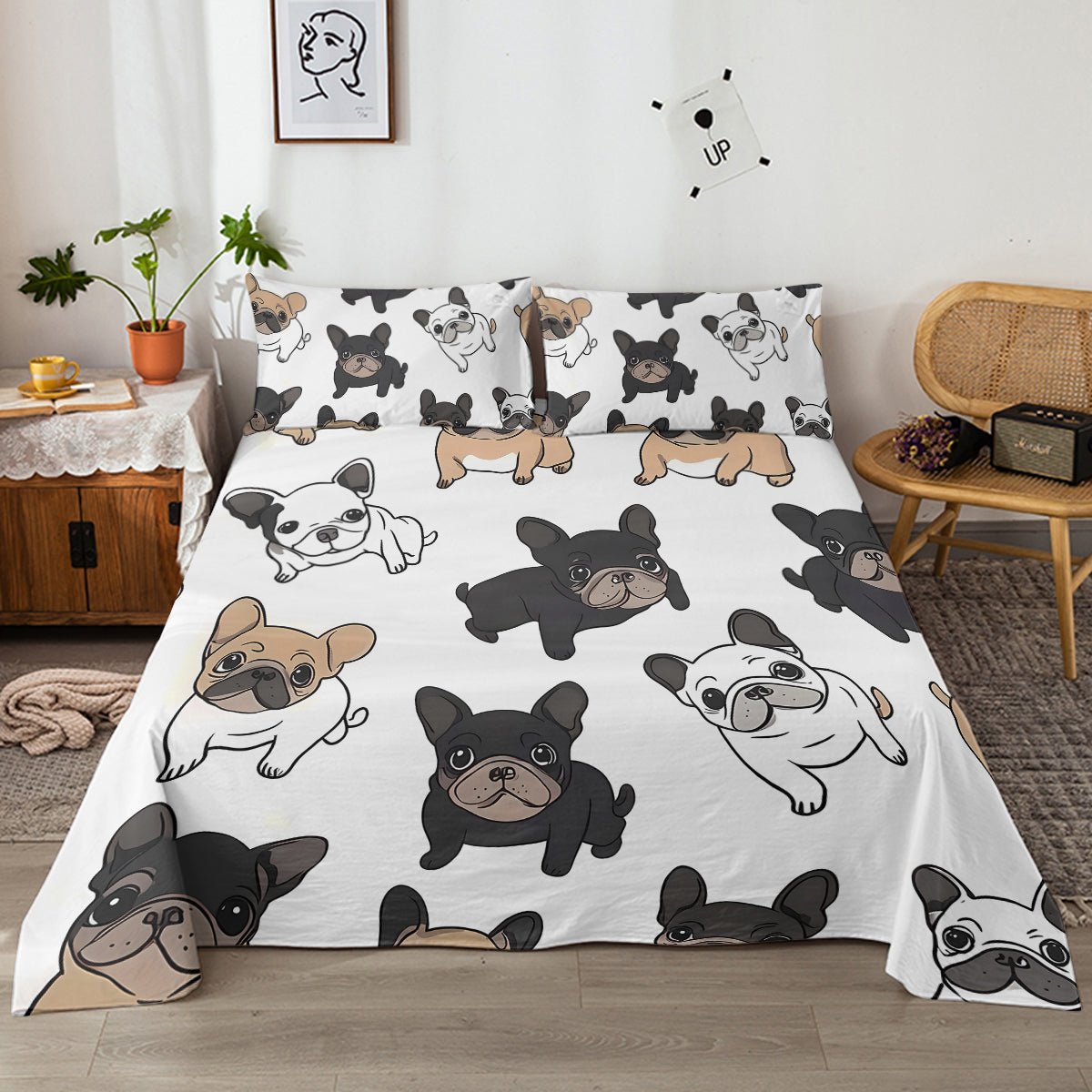 Ensemble de Draps 4 Pièces Bulldog Français, Literie Noir et Blanc, Drap Plat pour Chiot, 1 Drap Plat, 1 Drap Housse, 2 Taies d'Oreiller - IVOIRART.COM