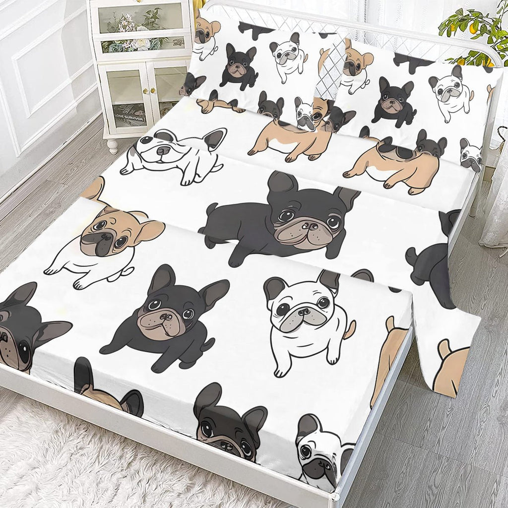 Ensemble de Draps 4 Pièces Bulldog Français, Literie Noir et Blanc, Drap Plat pour Chiot, 1 Drap Plat, 1 Drap Housse, 2 Taies d'Oreiller - IVOIRART.COM