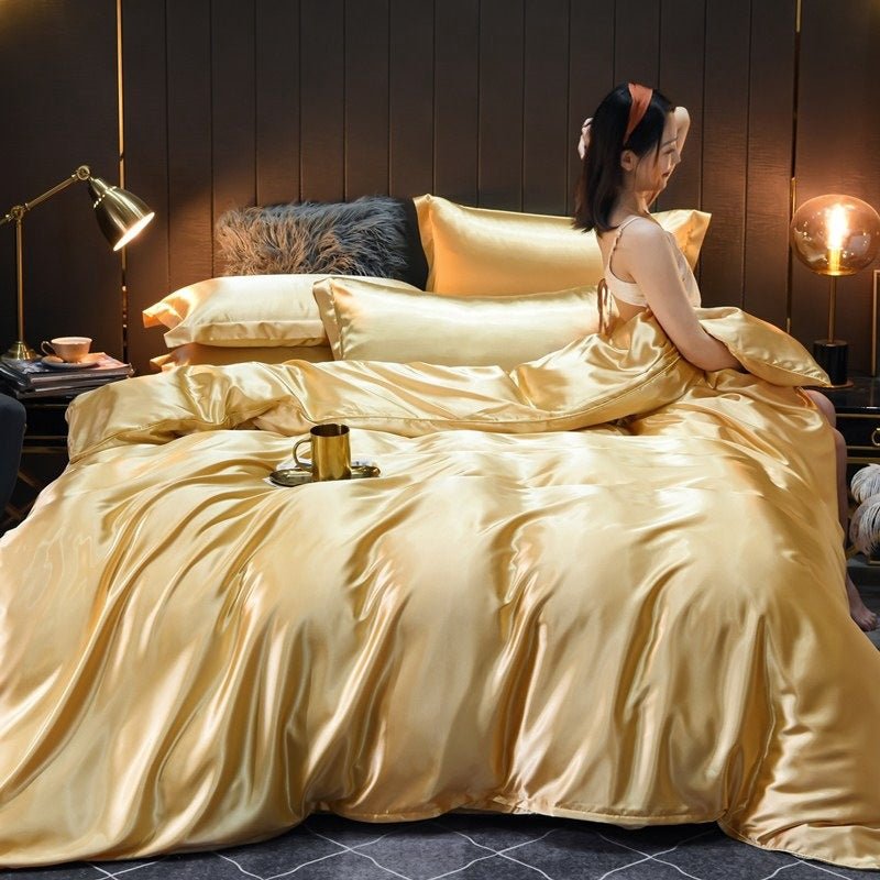 Ensemble de Housse de Couette et Linge de Lit en Soie Vraie Lavée Uni 4 pièces - IVOIRART.COM