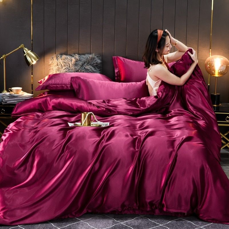 Ensemble de Housse de Couette et Linge de Lit en Soie Vraie Lavée Uni 4 pièces - IVOIRART.COM
