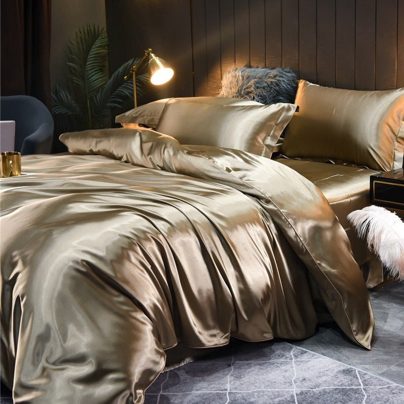 Ensemble de Housse de Couette et Linge de Lit en Soie Vraie Lavée Uni 4 pièces - IVOIRART.COM
