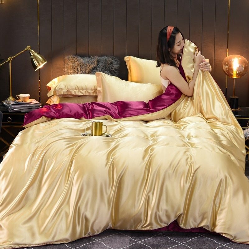 Ensemble de Housse de Couette et Linge de Lit en Soie Vraie Lavée Uni 4 pièces - IVOIRART.COM