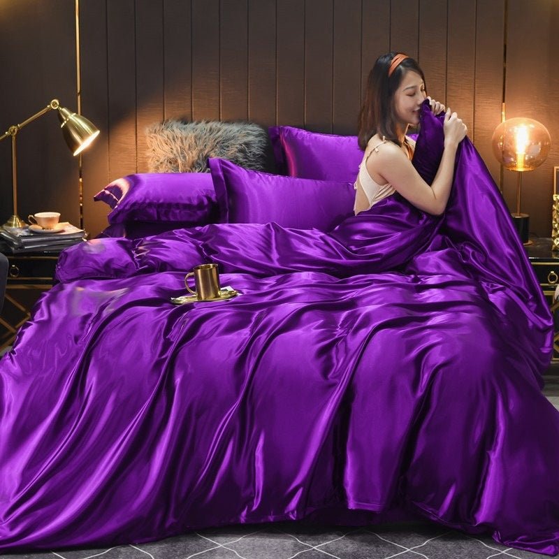 Ensemble de Housse de Couette et Linge de Lit en Soie Vraie Lavée Uni 4 pièces - IVOIRART.COM