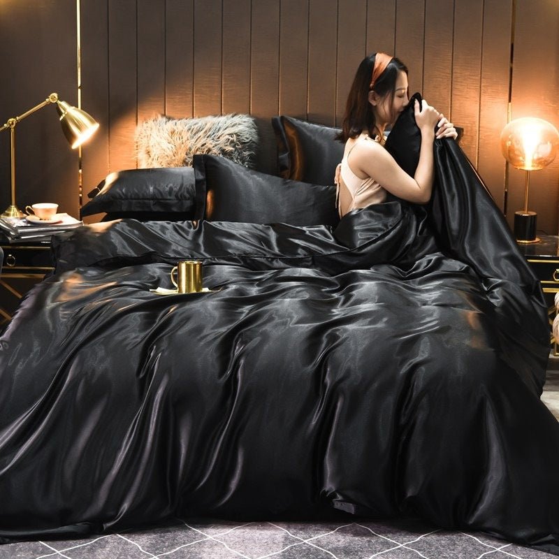 Ensemble de Housse de Couette et Linge de Lit en Soie Vraie Lavée Uni 4 pièces - IVOIRART.COM