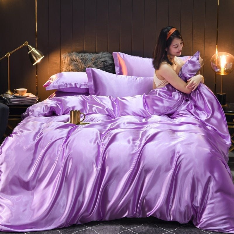 Ensemble de Housse de Couette et Linge de Lit en Soie Vraie Lavée Uni 4 pièces - IVOIRART.COM