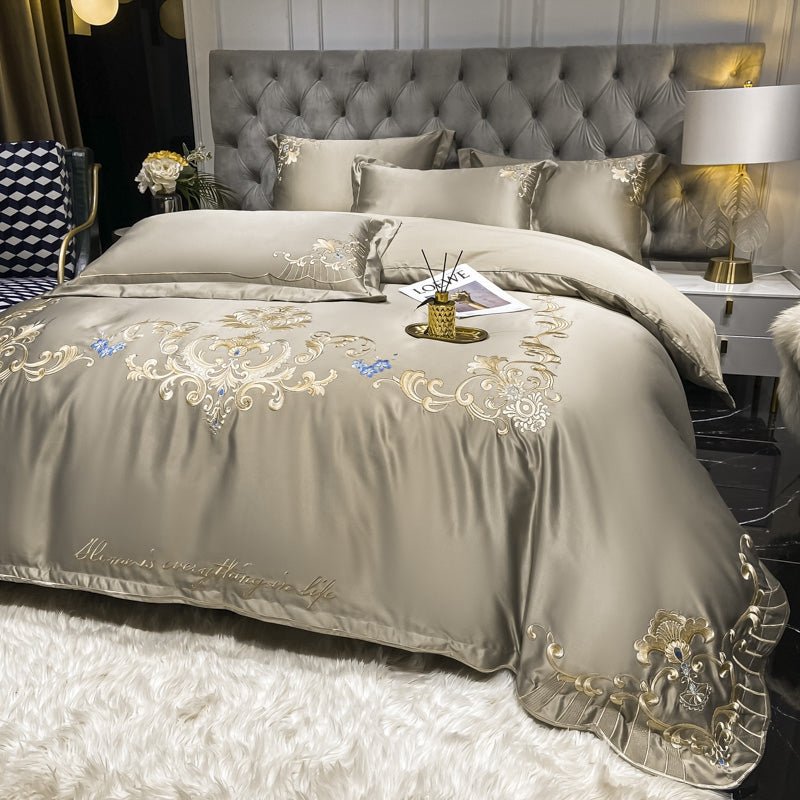 Ensemble de Linge de Lit de Luxe Européen en Satin Haut de Gamme pour Mariage 4 Pièces - IVOIRART.COM