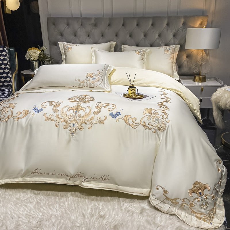 Ensemble de Linge de Lit de Luxe Européen en Satin Haut de Gamme pour Mariage 4 Pièces - IVOIRART.COM